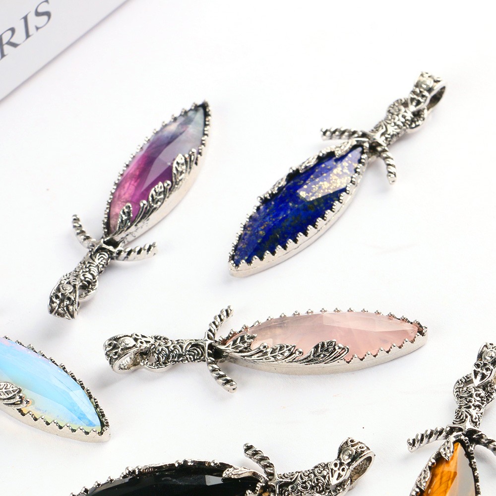 1PC Chakra Crystal Sword Shape Pendant Gemstone Healing Reiki Stone for Necklace