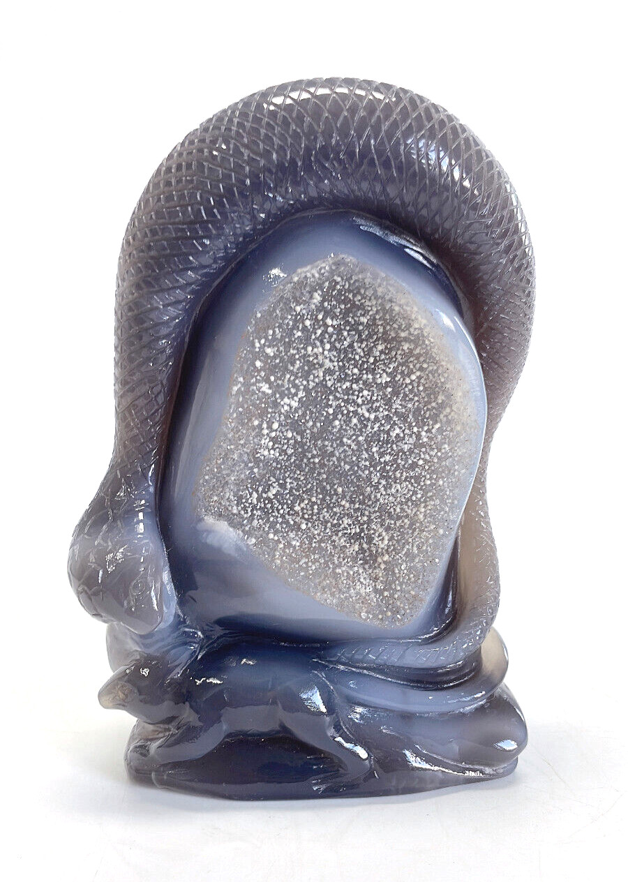 High 6.4″ Agate Geode Hand Carved Crystal Snake Sculpture, Crystal Healing
