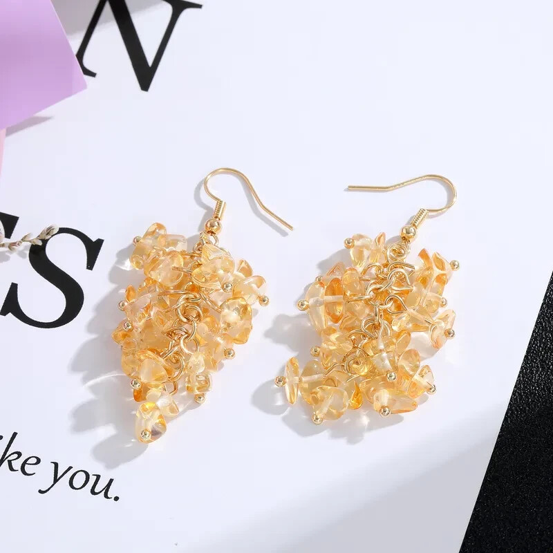 Handmade Retro 100% Natural Citrine Stone Hook Dangle Earrings