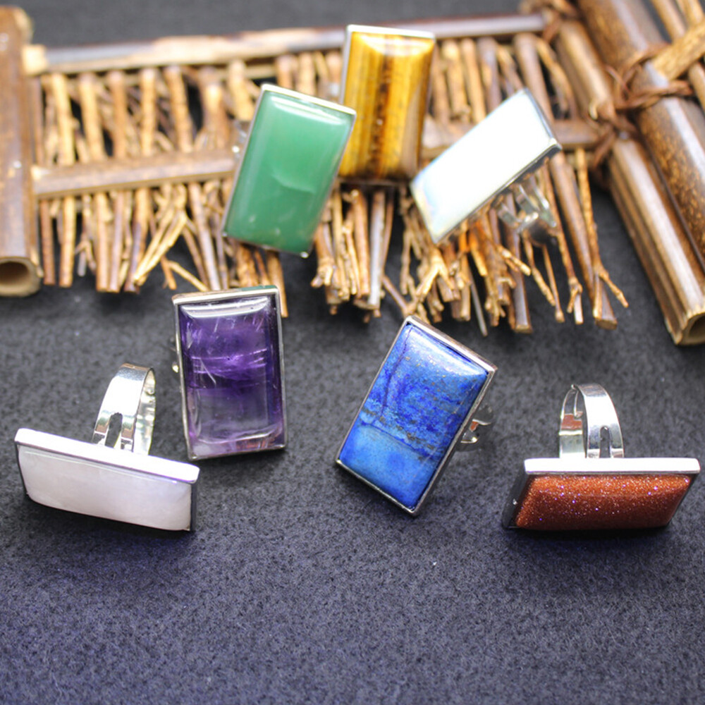 Natural Chakra Crystal Rectangular Ring Quartz Opening Jewelry Healing Reiki New