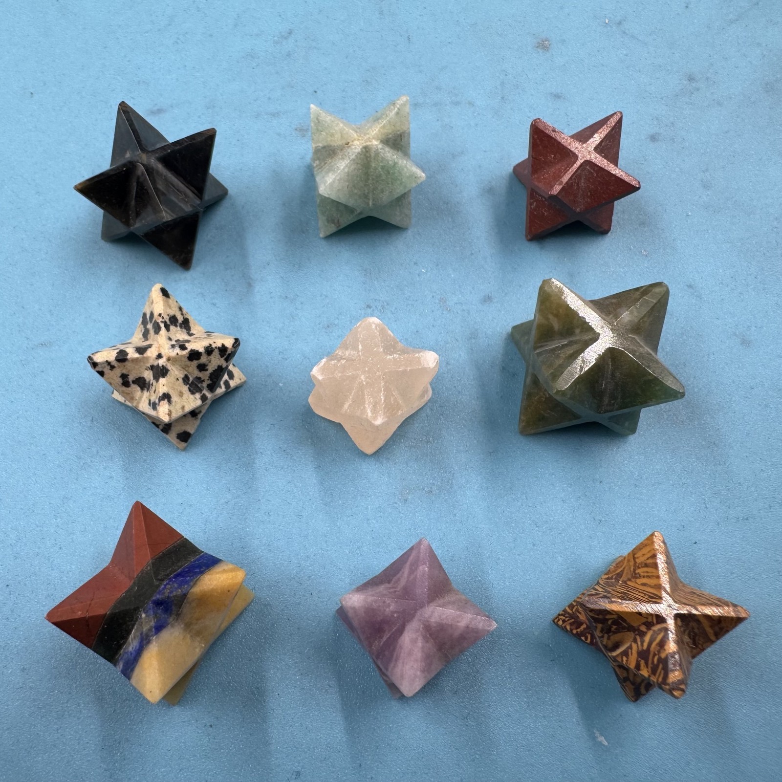 Set of 9 Merkaba Star Crystals in Velvet Gift Bag Mixed Gemstone Collection