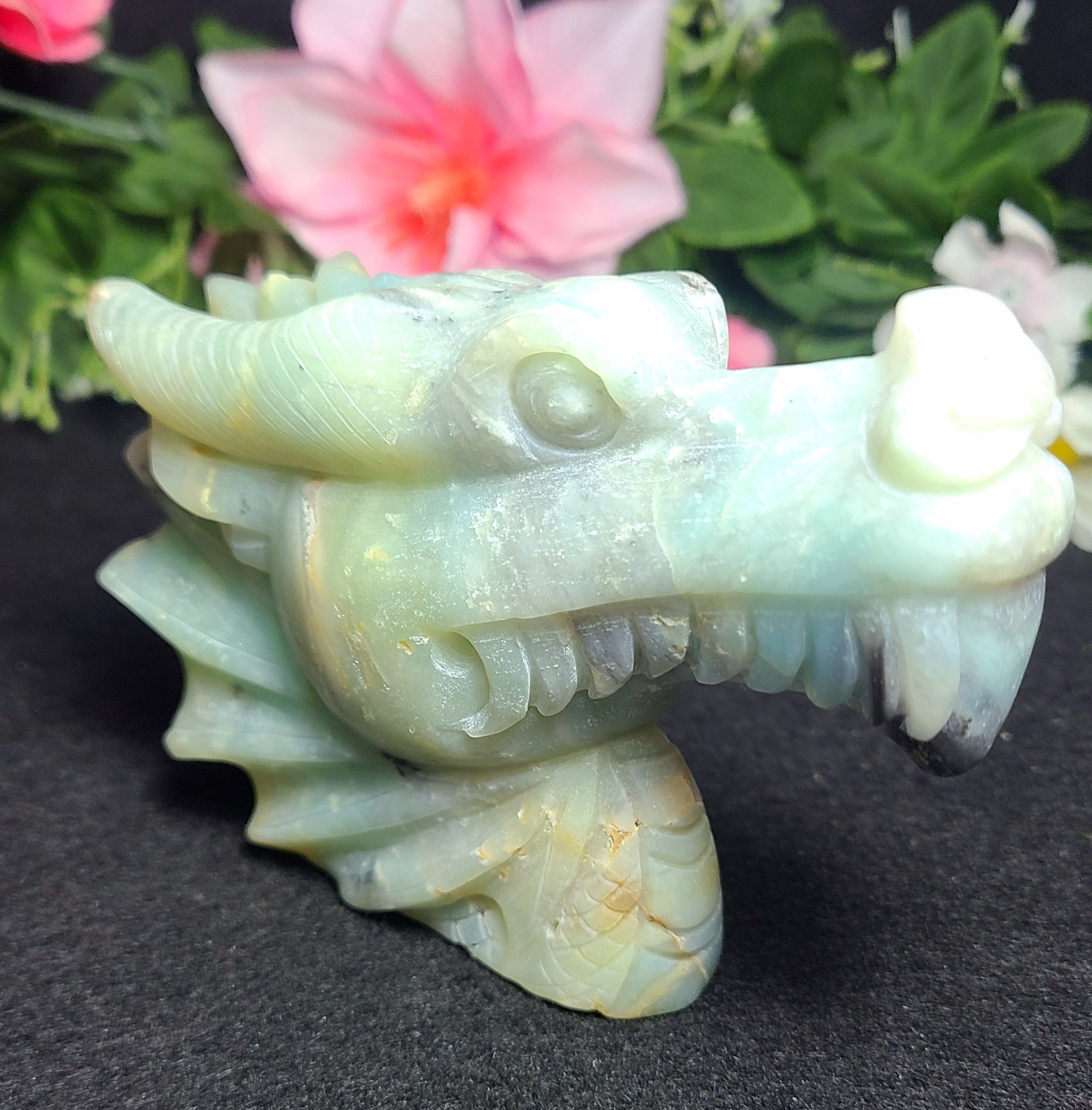 5.2″ 422g Blue Caribbean Calcite Dragon Head Crystal Skull Stone Carving Statue