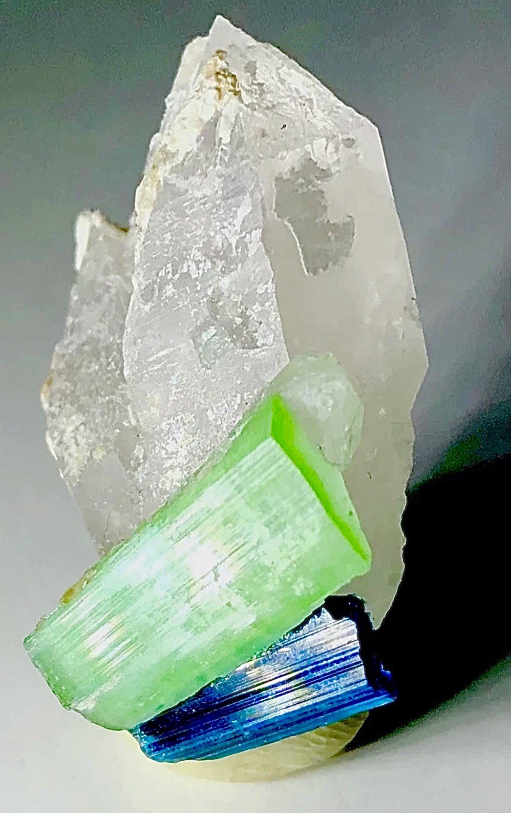 Neon Blue Green Tourmaline On Quartz Crystal Raw Rough Specimen Cluster Matrix