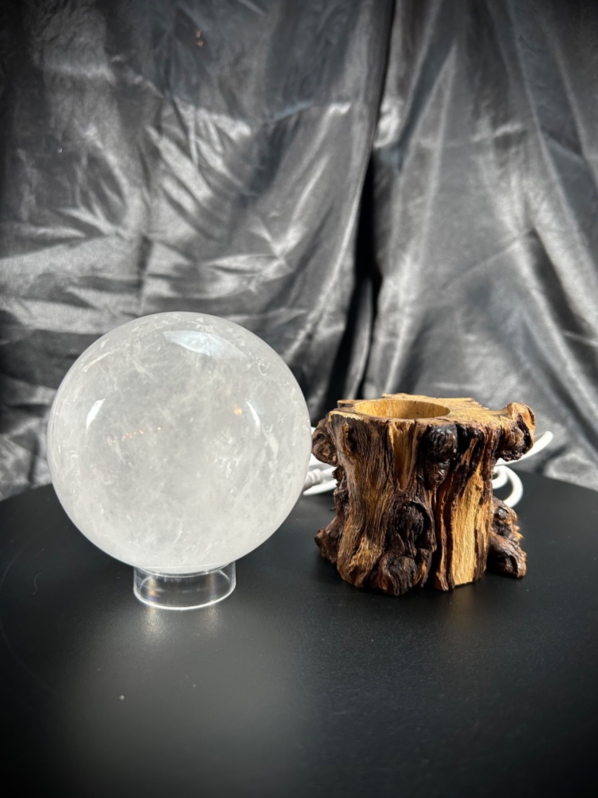 3.1″ Clear Quartz Sphere With Both Lighted Wood And Clear Acrylic Stands 1lb 8oz