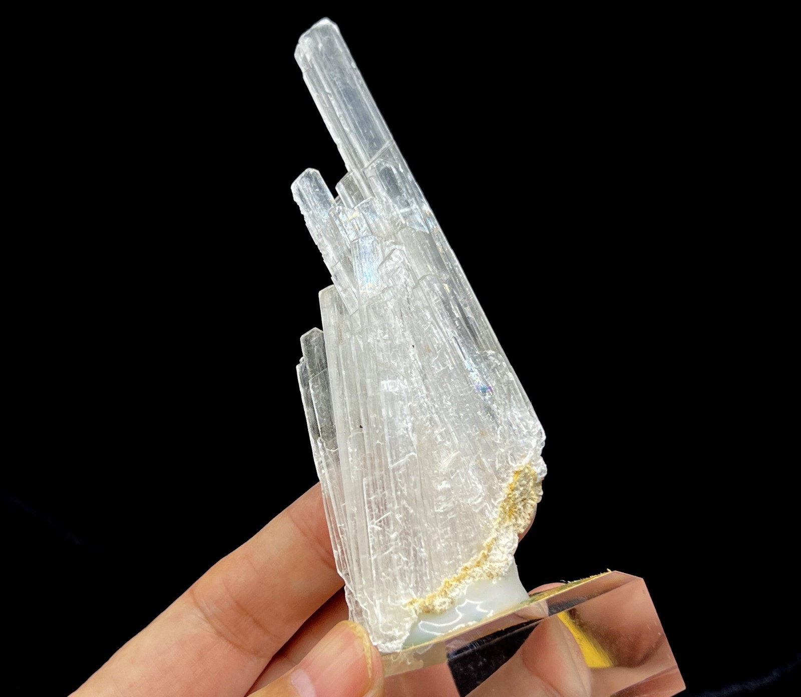 100mm Clear Selenite cluster mounted on acrylic base, Natural Mineral Specimen