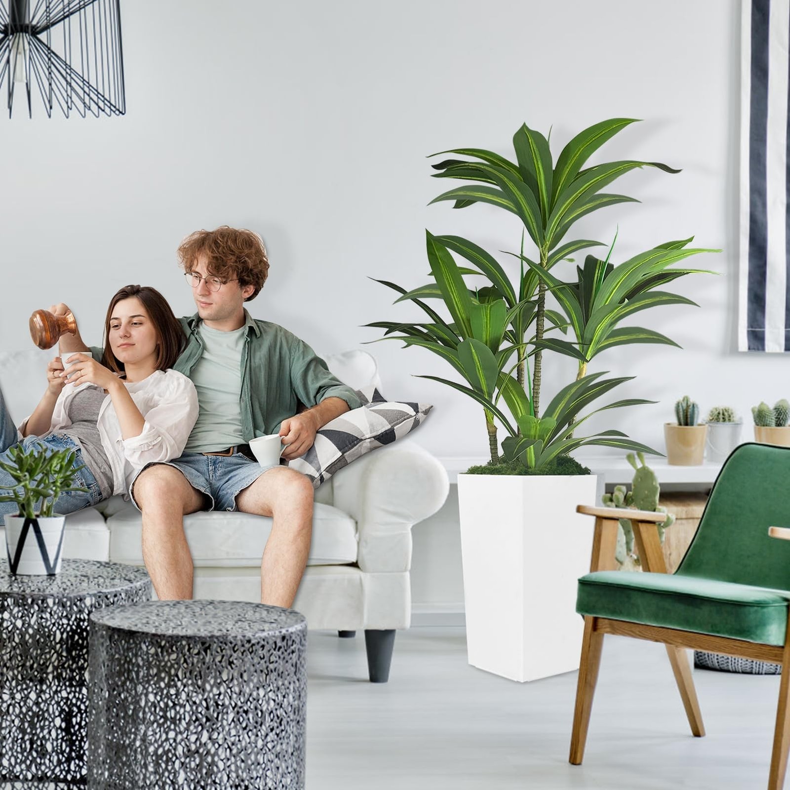 5FT Artificial Dracaena Tree with White Tall Planter for Home Office Indoor |…