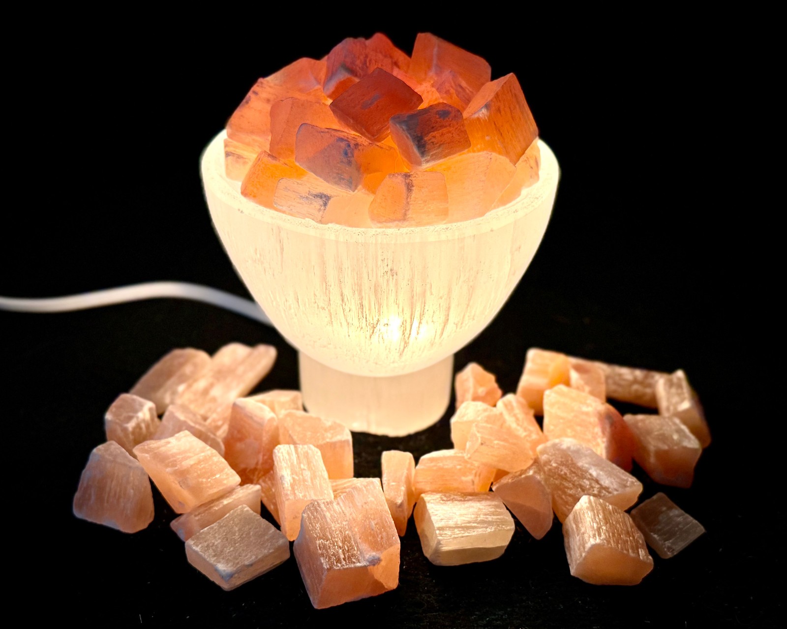 LARGE Selenite Crystal Bowl Lamp With Natural Orange Selenite Chunks