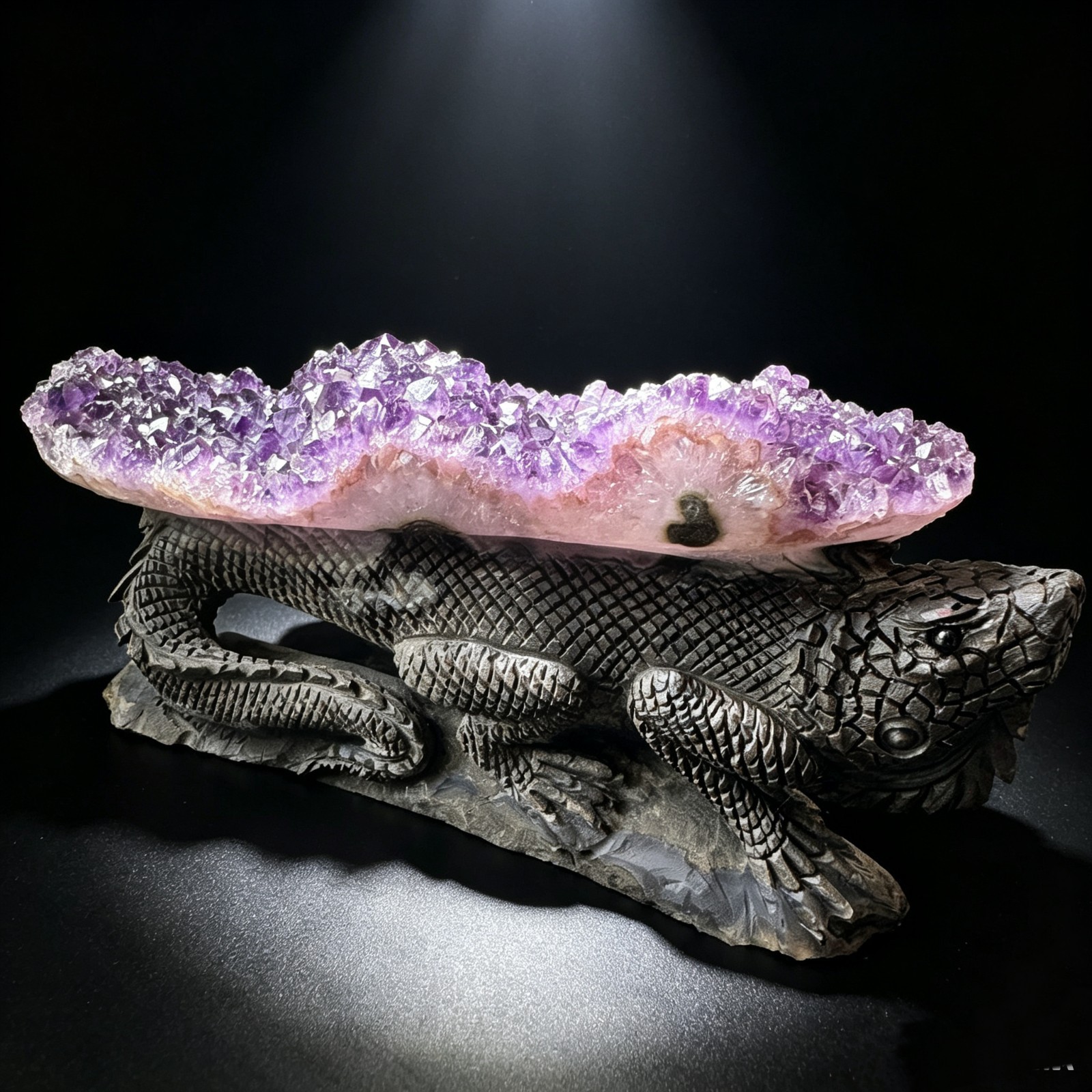 Hand Carved Amethyst Cluster Lizard Figurine Natural Crystal Reptile Sculpture 7