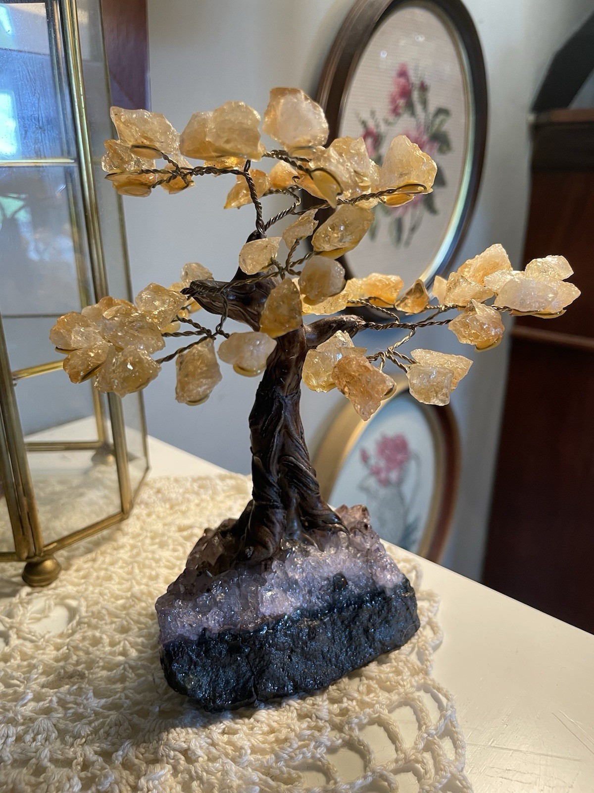 Citrine Gemstone Money Tree with Natural Amethyst Cluster Base Feng Shui Bonsai