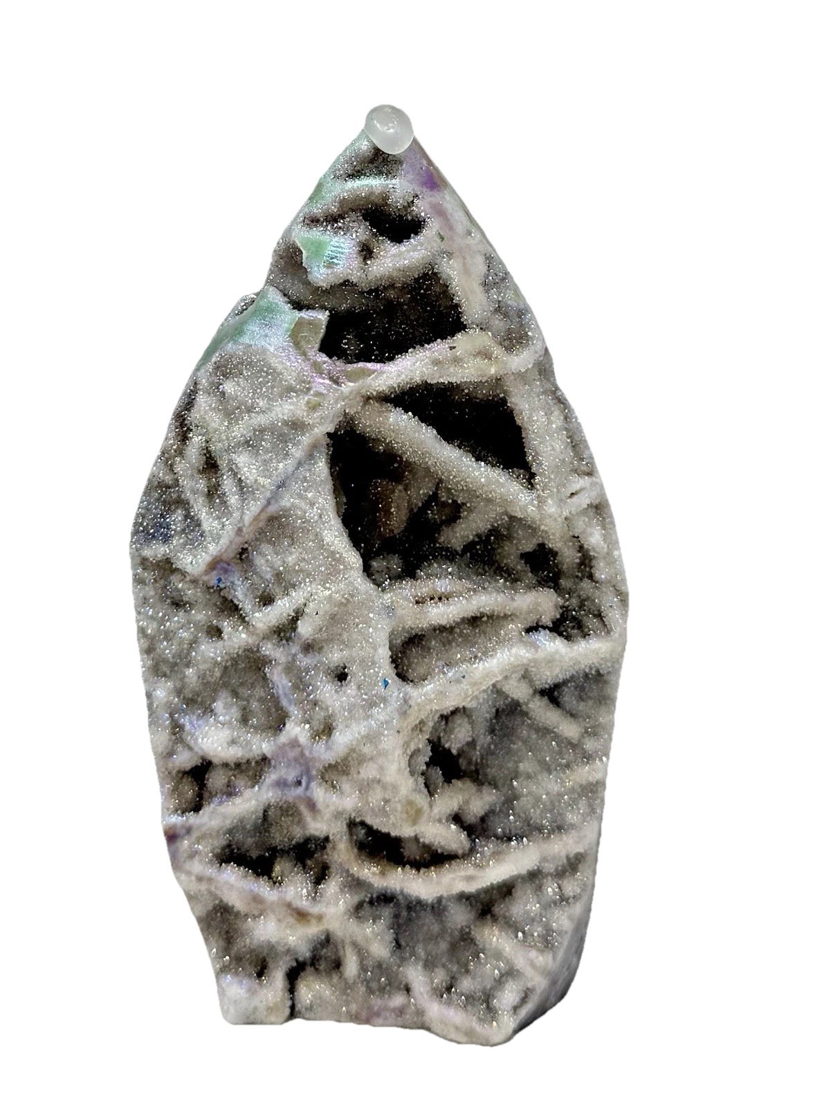 4” Aura Sphalerite Crystal Teardrop Freeform With Sugary Sparkling Druzies