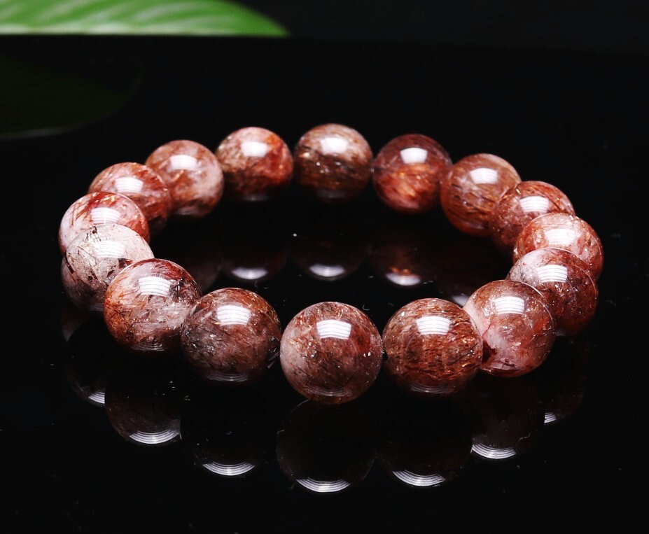 13mm Natural Red Copper Rutilated Quartz Stretch Crystal Beads Bracelet 1369