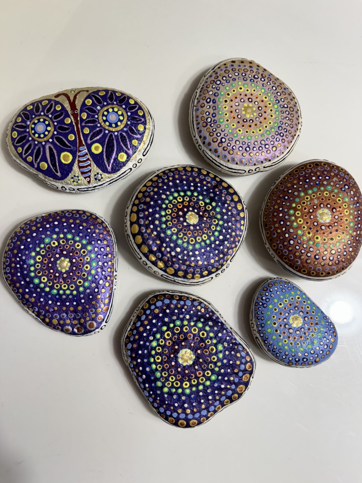 7 Mandala Stones Dot Artwork Rocks Meditation Butterfly Multicolor Hand Painted