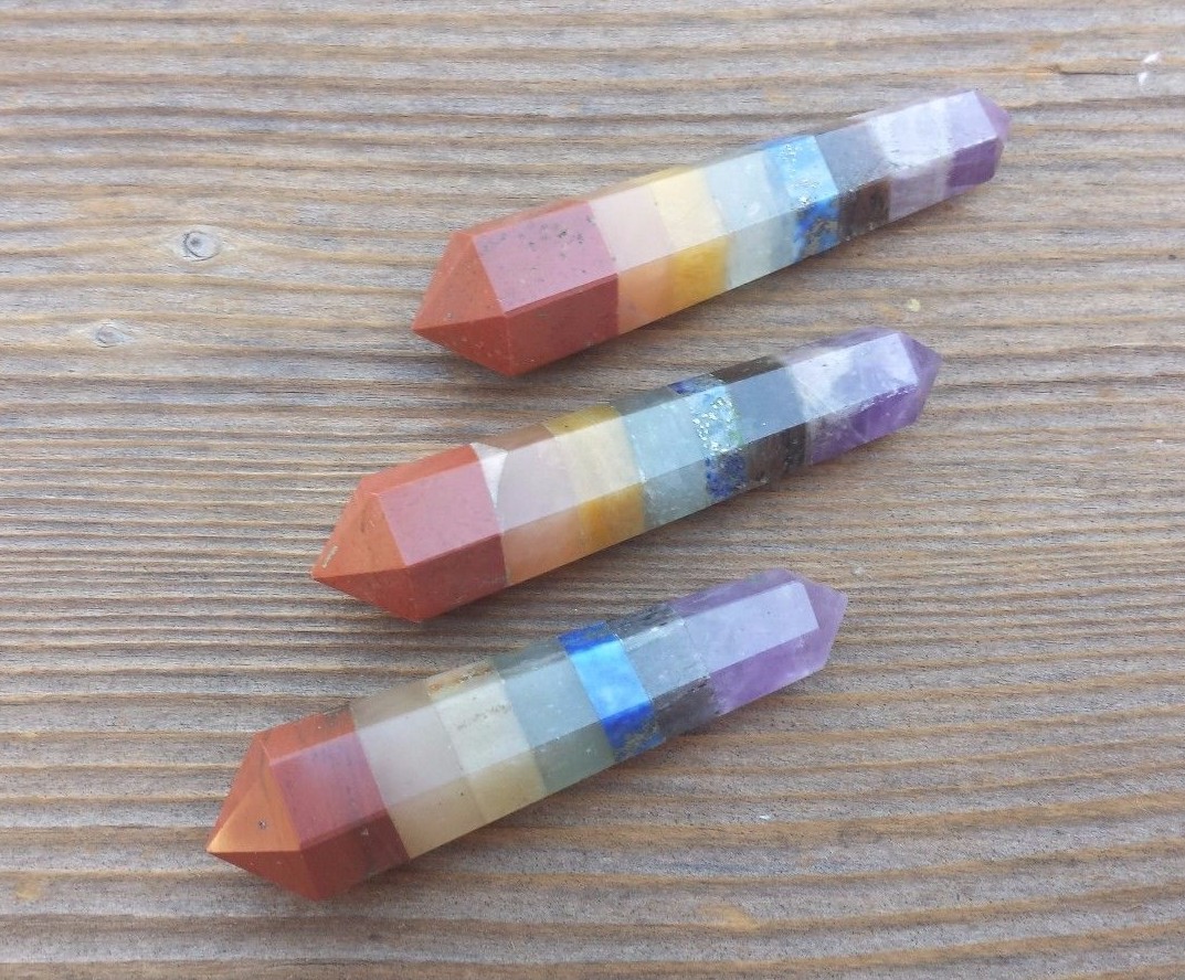 NATURAL 7 CHAKRA BONDED DOUBLE TERMINATED GEMSTONE CRYSTAL PENCIL POINT (ONE)