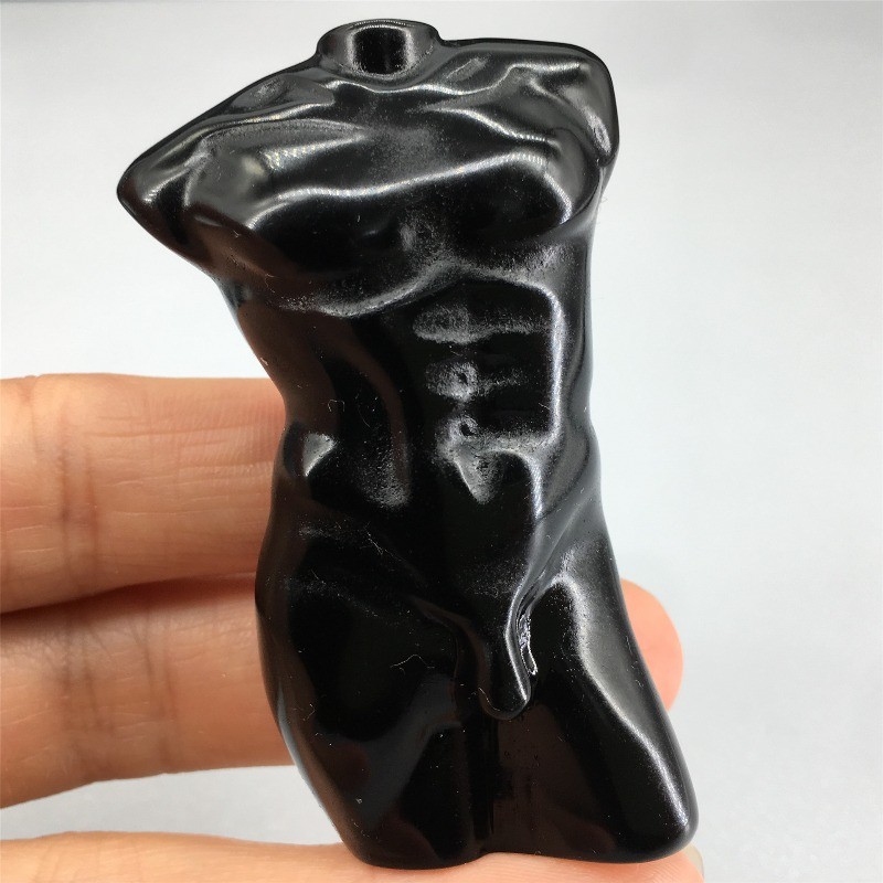 Natural Black Obsidian Male Torso Carving, Hand Carved Crystal Body Figurine