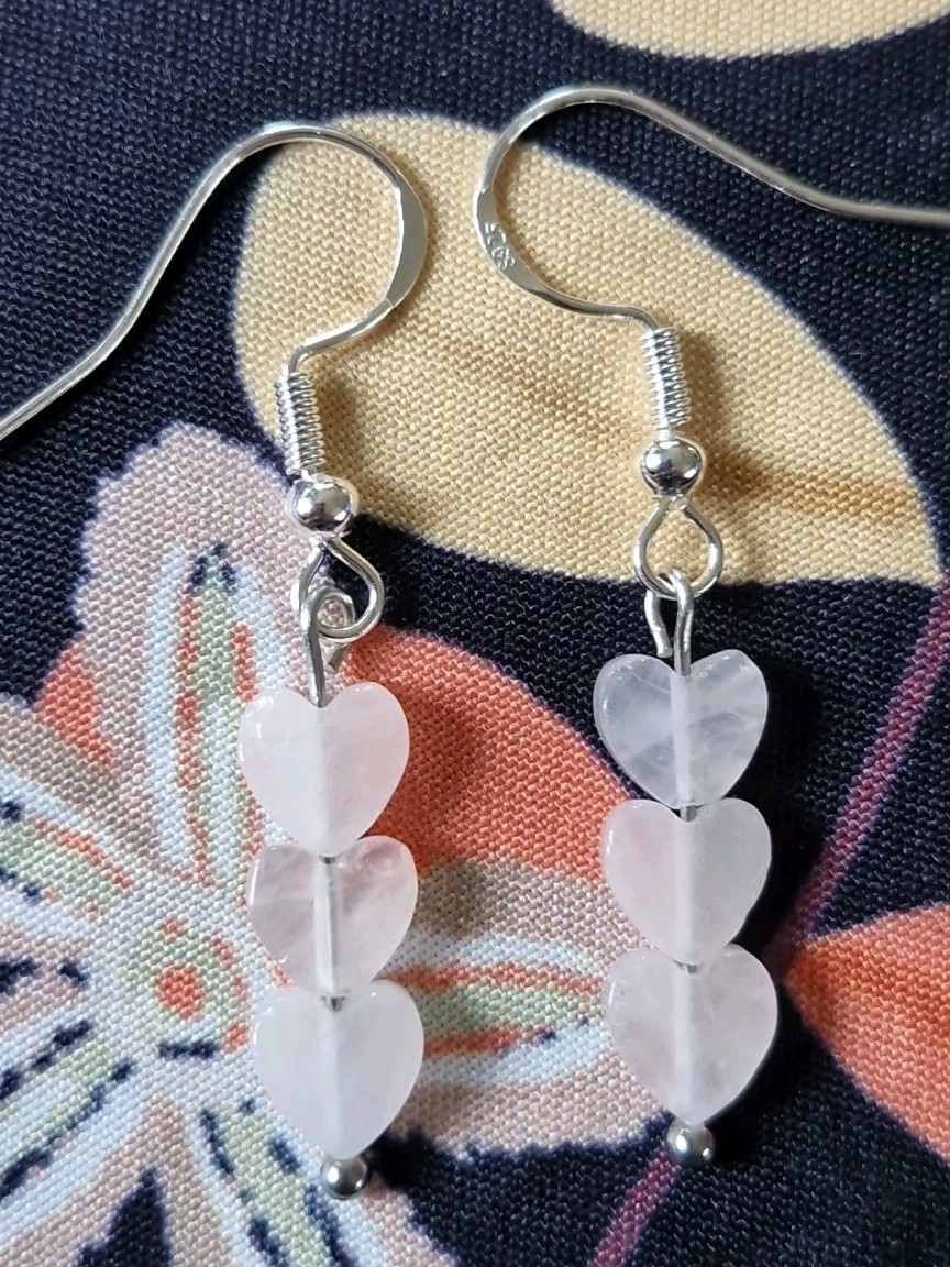 Handmade Rose Quartz Crystal Triple Dangle Heart Earrings 925 Silver Hook