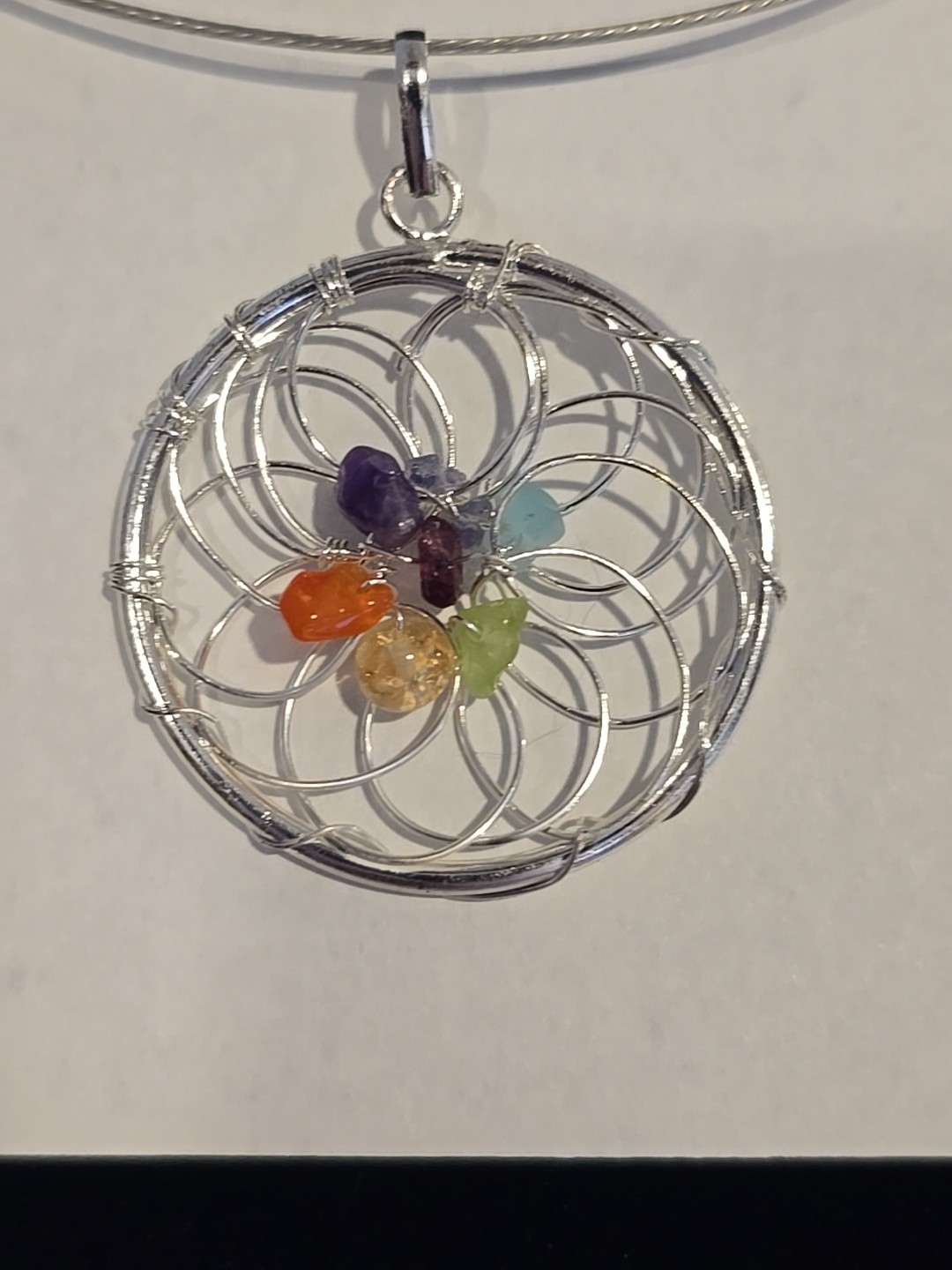 Chakra Gemstone Chip Woven Web Sacred Geometry Silver Pendant Choker Necklace