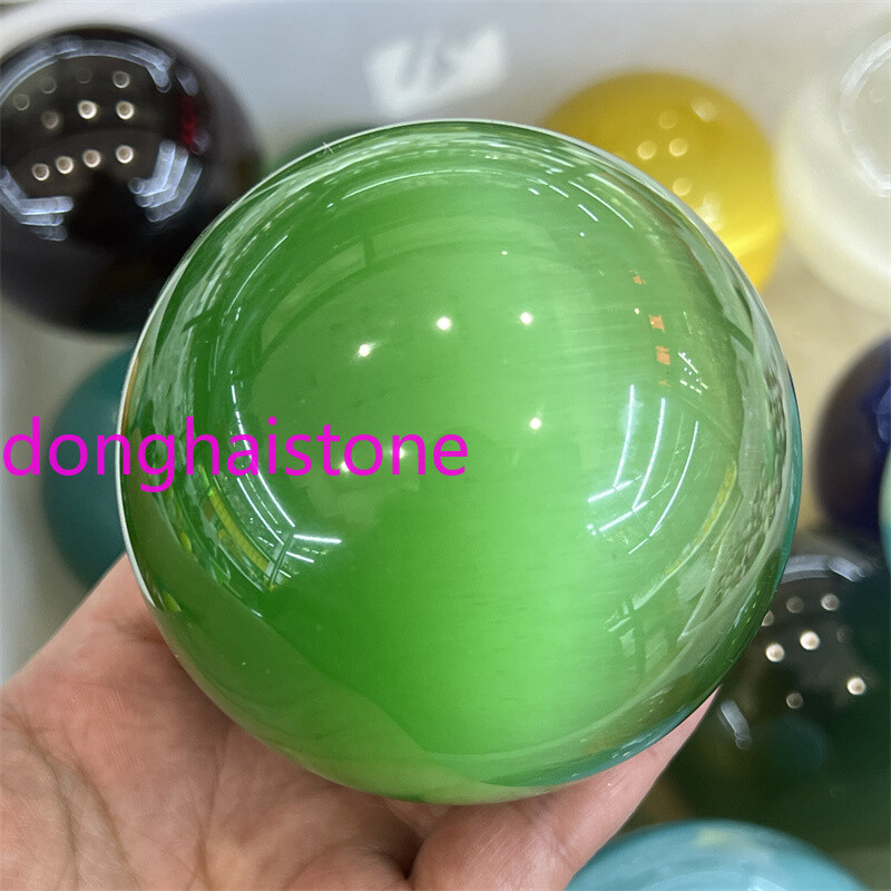 73mm+ Green Cat’s eye Carved Ball Quartz Crystal Sphere Figurines Healing 1PC