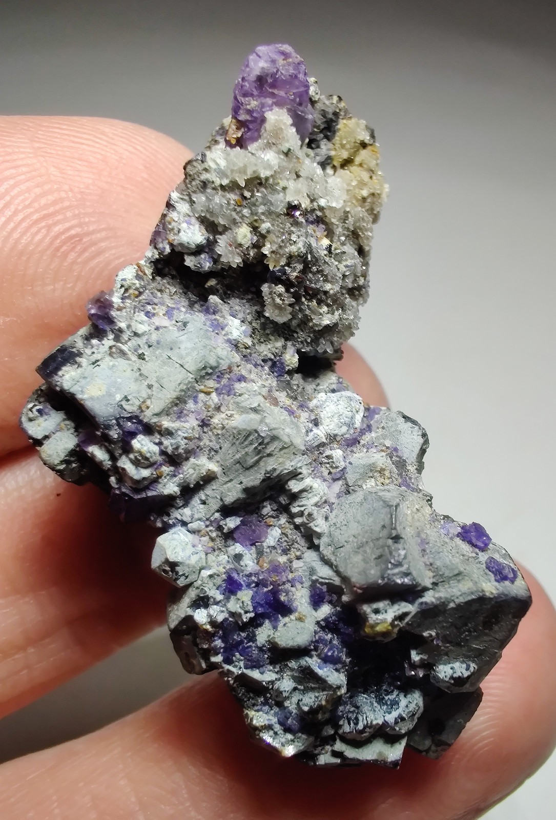 Fluorite on Galena, Sphalerite, Quartz crystals. Illinois. 25 grams.