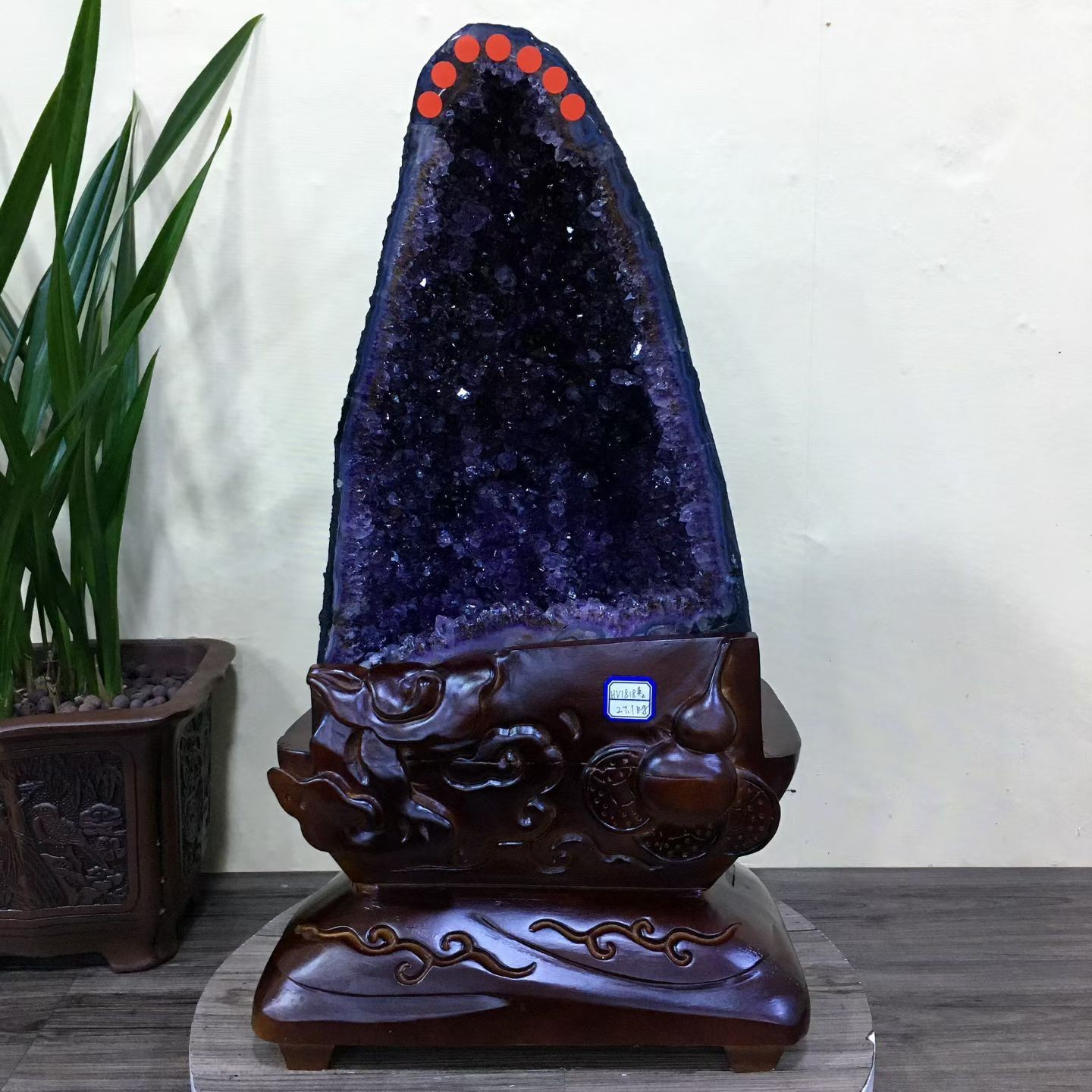 59.6LB Top Natural Amethyst Geode Quartz Crystal Cathedral Healing Decor +Stand