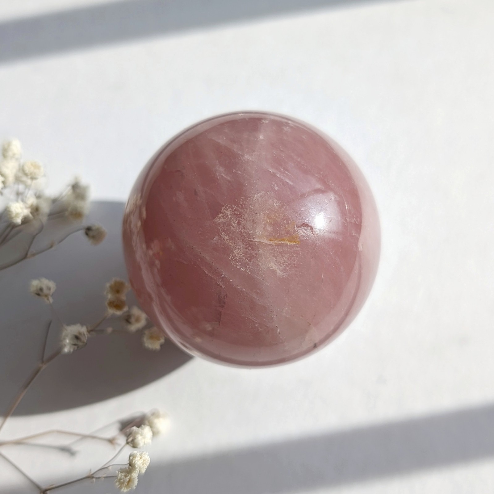 52mm bubblegum rose quartz crystal sphere, saturated & shimmery, pink crystal