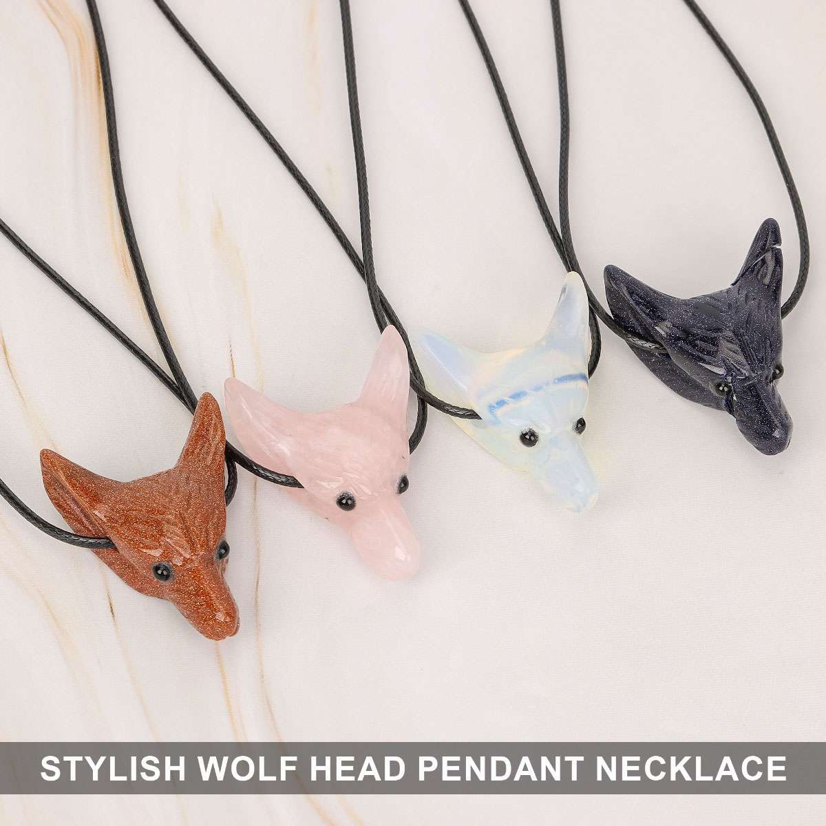 Men Women Stone Wolf Head Pendant Reiki Healing Gem Crystal Figurine Necklace