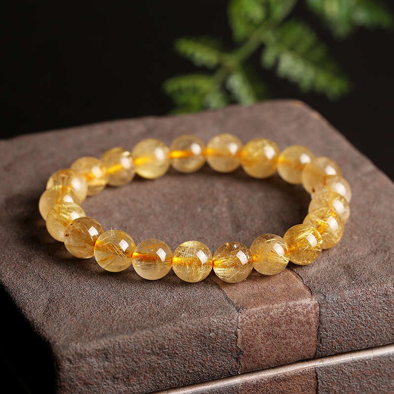 9mm Bracelet Natural Golden Rutilated Titanium Crstal Round Gemstone Jewelry