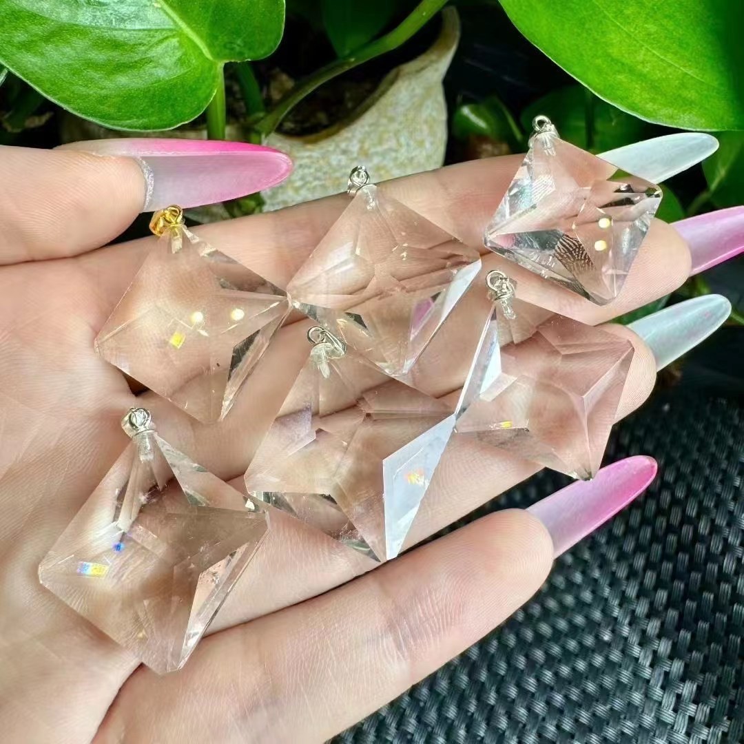 1pc Natural clear crystal rhombus pendant S925 silver reiki healing