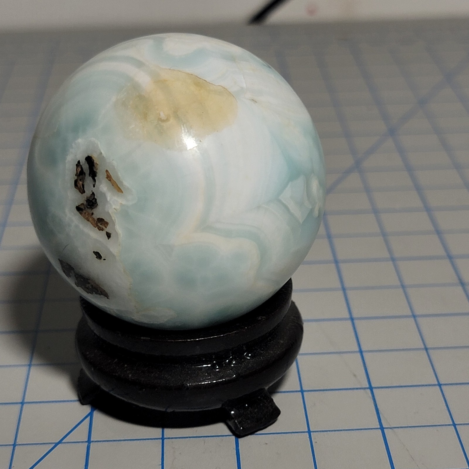 50mm Natural Dominican Larimar Polished Sphere w/Matrix Wooden Stand Included