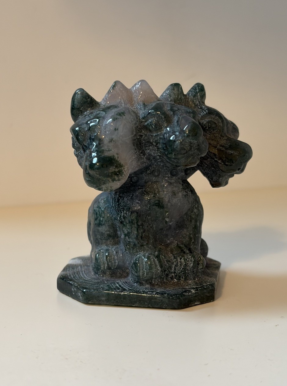 Moss Agate Cerberus Small Statue