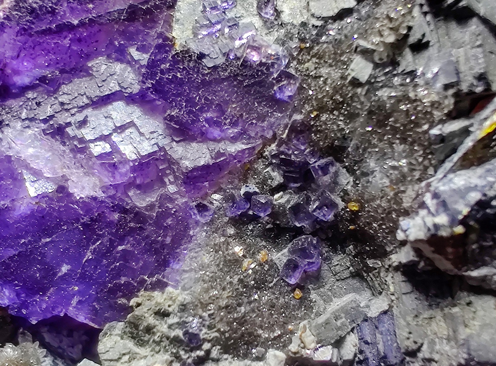 Fluorite on Galena, Sphalerite, Quartz crystals. Illinois. 25 grams.