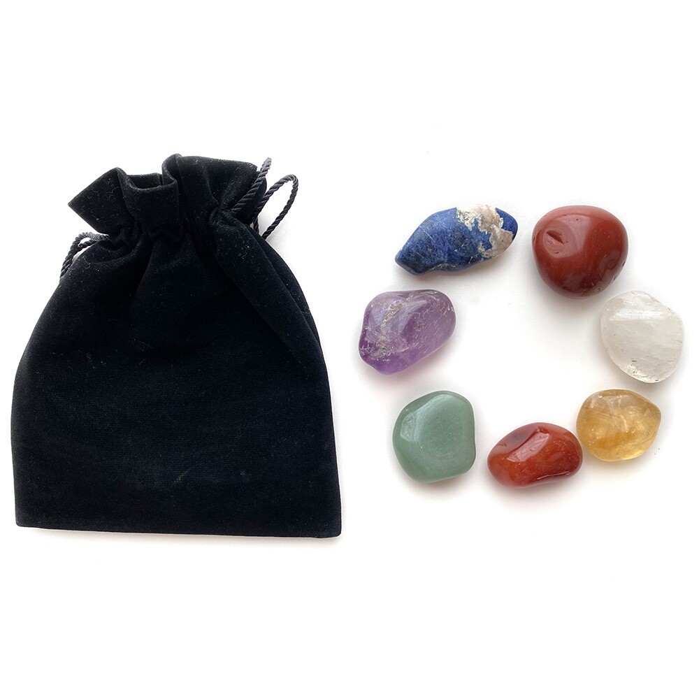 7 Chakra Crystal Healing Tumbled Stones & Carry Pouch, Clear Quartz, Amethyst