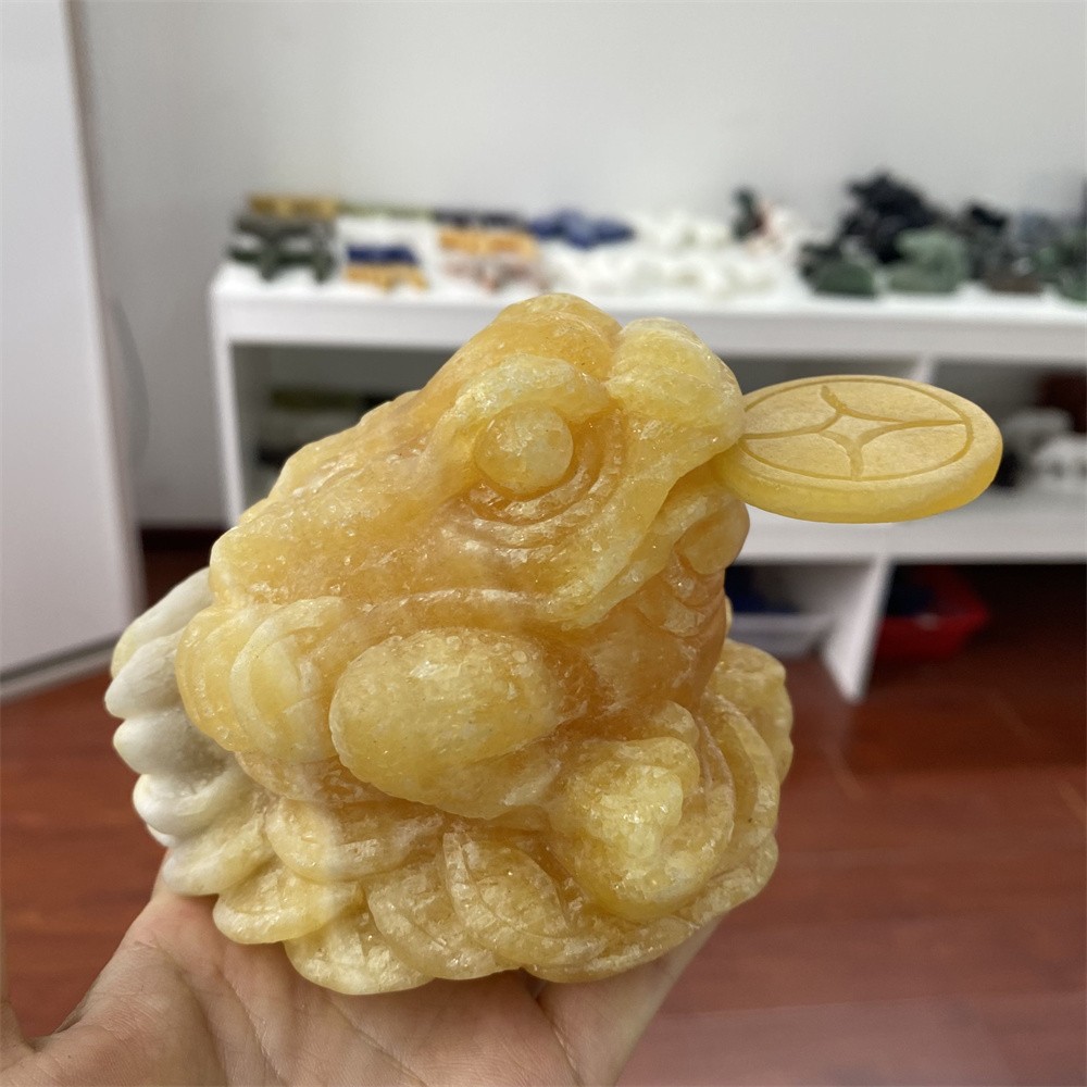 1.9LB 3.9″ Natural Calcite Golden Toad Statue Crystal Reiki Carving Quartz Decor