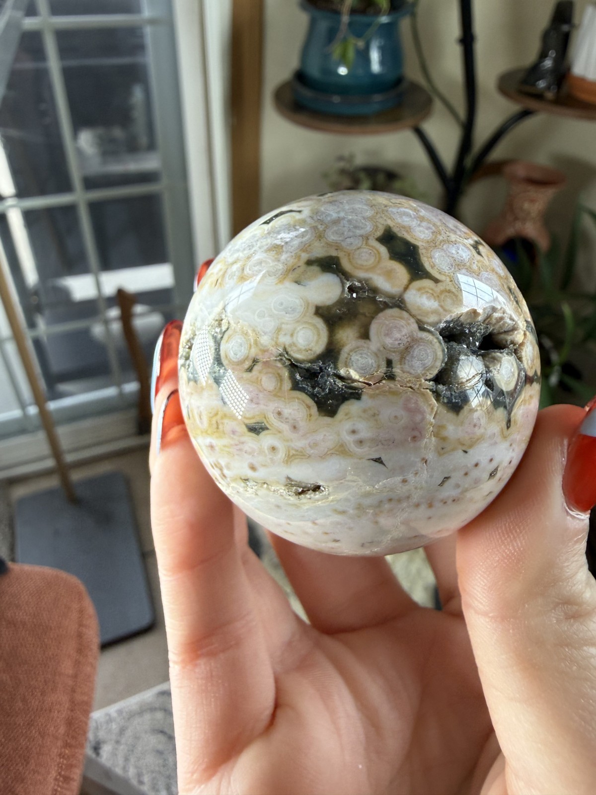 8th Vein Ocean Jasper Sphere – Pink, Green, Gold & White – Druzy Caves – 5.47 oz