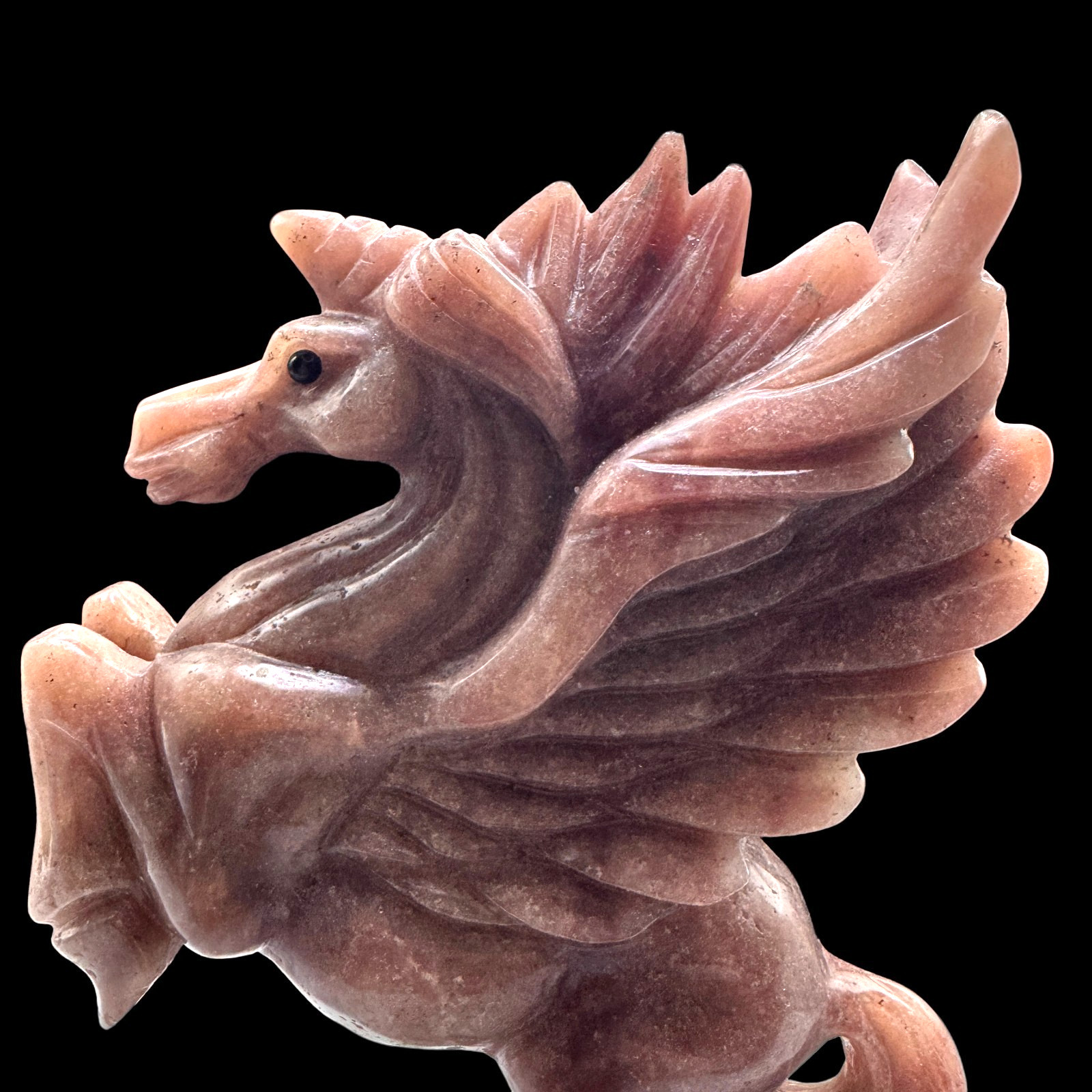 Hand Carved Natural Strawberry Quartz Pegacorn, Symbol of Pure Heart & Elevated