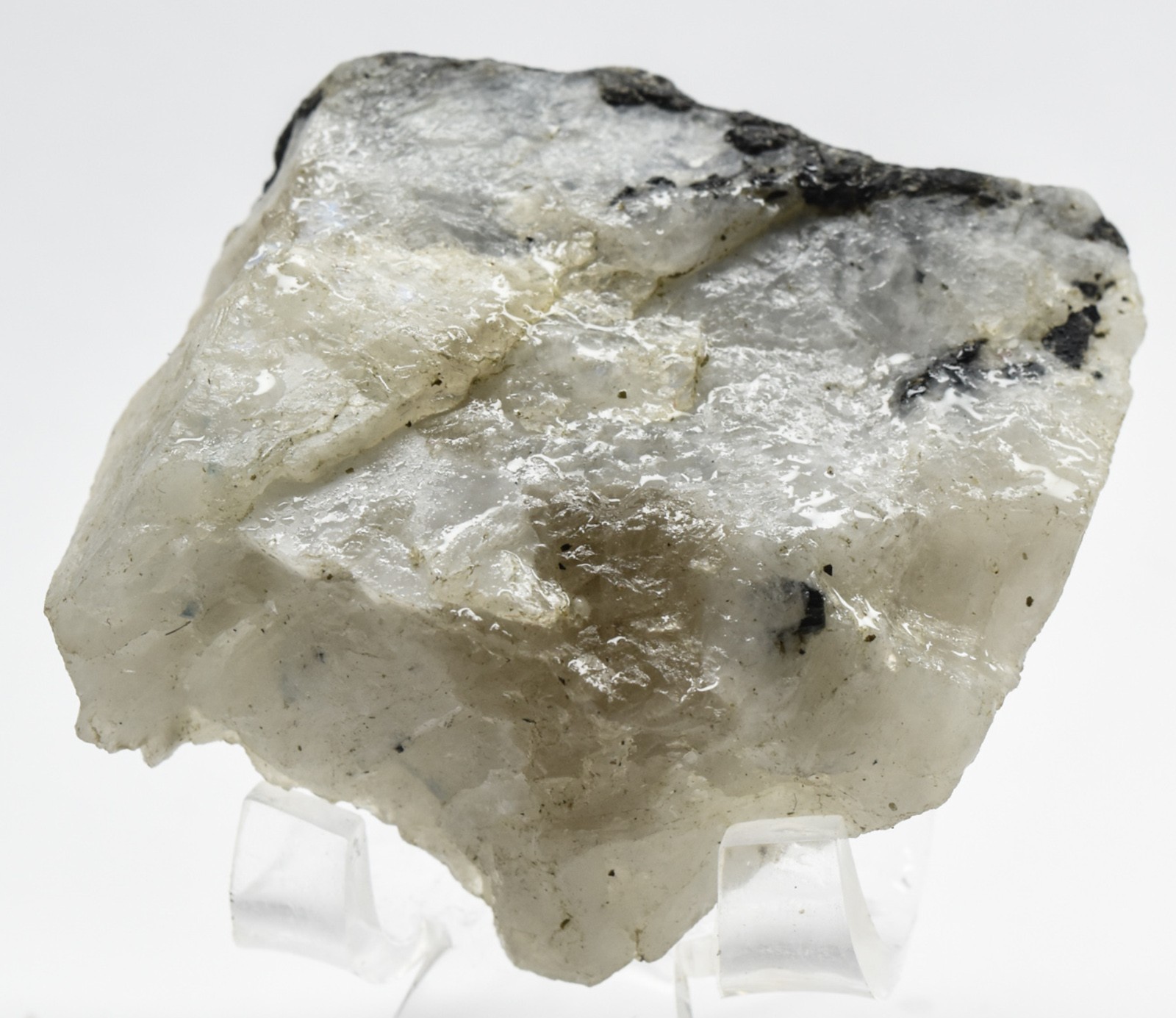 110g White Rainbow Moonstone w/ Black Tourmaline Rough Raw Mineral Stone – India