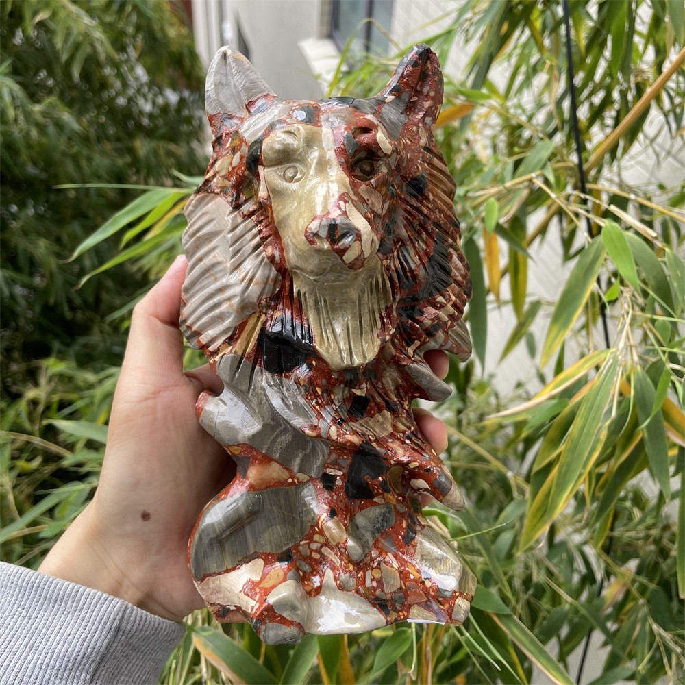 4LB 7.6″ Natural Unknown Wolf King Crystal Quartz Carving Courage Reiki Decor