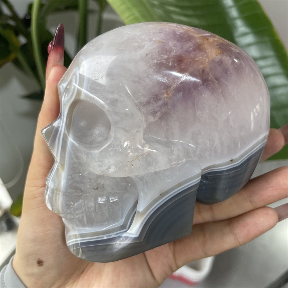 2.3LB 4.3″Amethyst Ash Agate Skull Crystal Quartz Carving Reiki Decoration