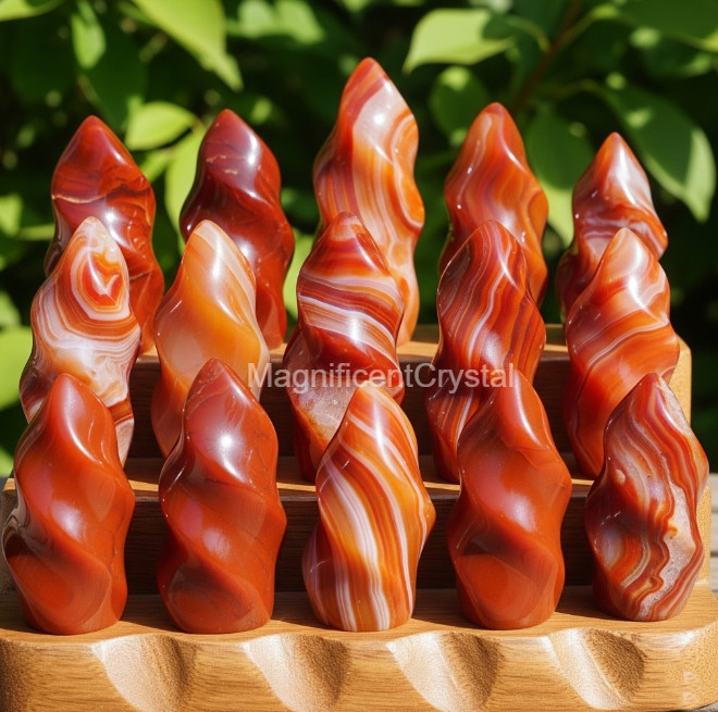 2pcs Mini Natural Red Agate Flame Carving Carnelian Stone Tower Crystal Decor