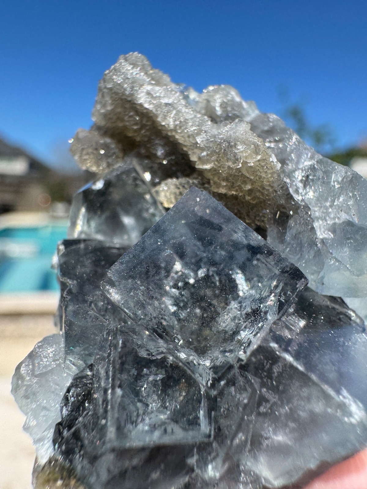 6210 Clear Blue Cubic Fluorite on Druzy Quartz Fu Jian 76g