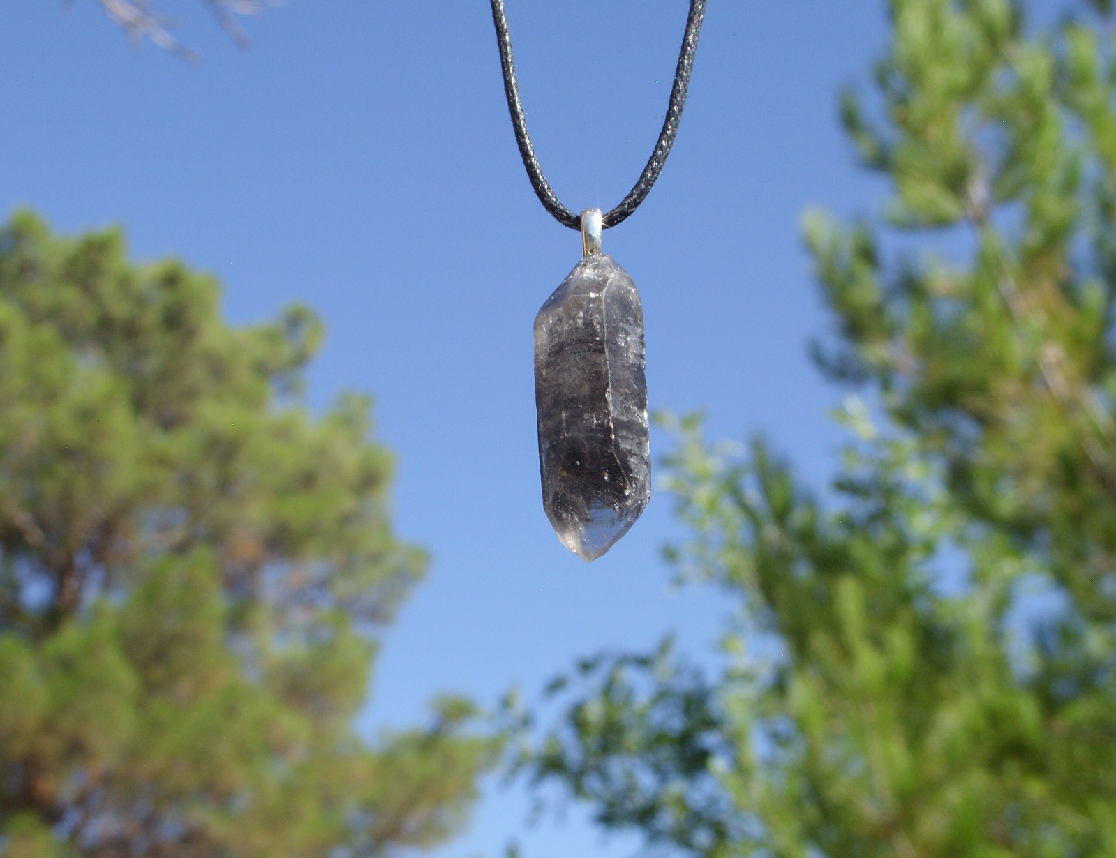 Tibetan Black Quartz Double Term Crystal Point Free Form Stone Pendant Necklace