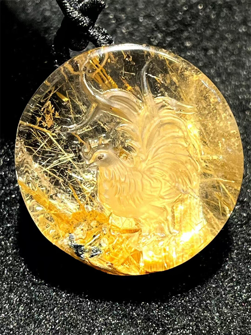 25g Top Natural Clear Gold Rutilated Quartz Crystal Carved Pendant holiday gift