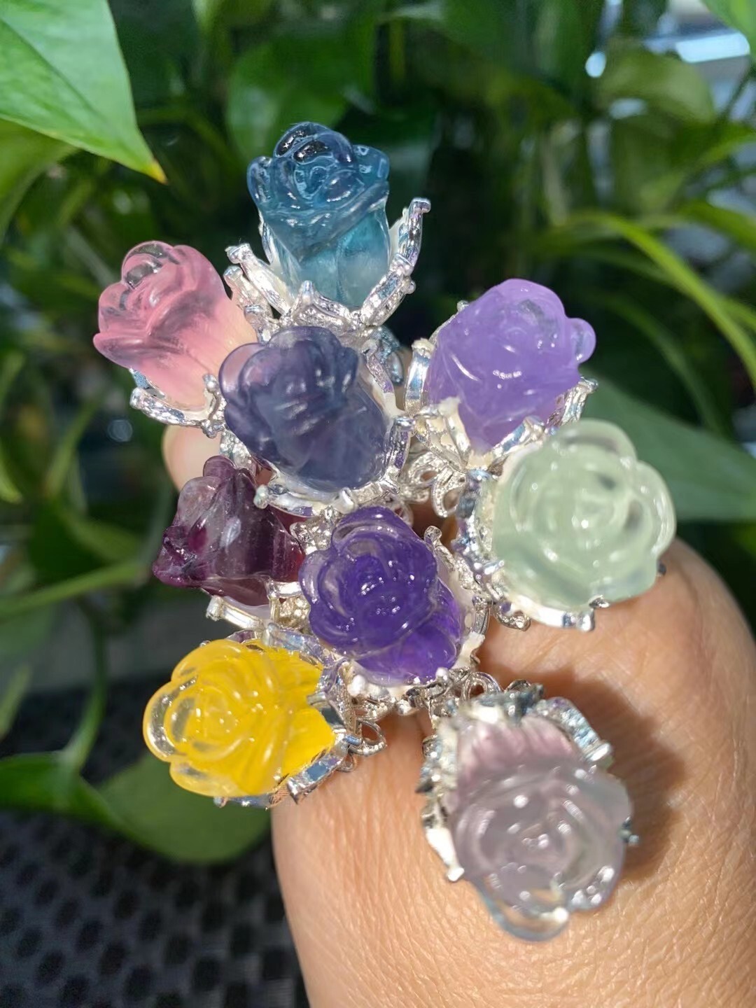 5PC Natural Mix fluorite quartz crystal rose flowers carved reiki healing random