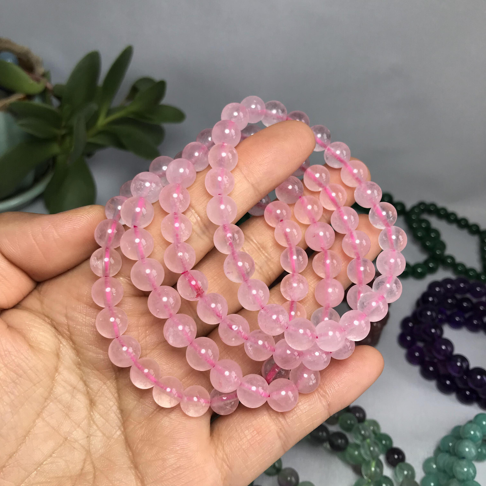 8mm-9mm Top Natural pink crystal gemstone Crystal chain beads bracelet 19g A5268