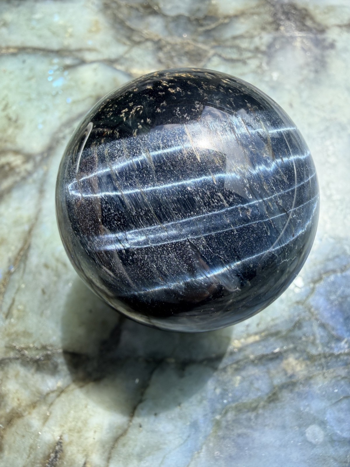 Blue Tiger’s Eye (Hawk’s Eye) Sphere | Intense Chatoyancy Cat’s Eye Effect|1.94″
