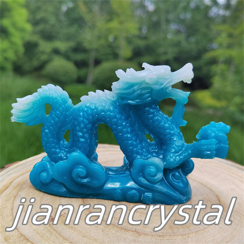 4″ Blue Luminous Stone Sculpture Chinese Dragon Resin Decor Chinese Dragon 1pc