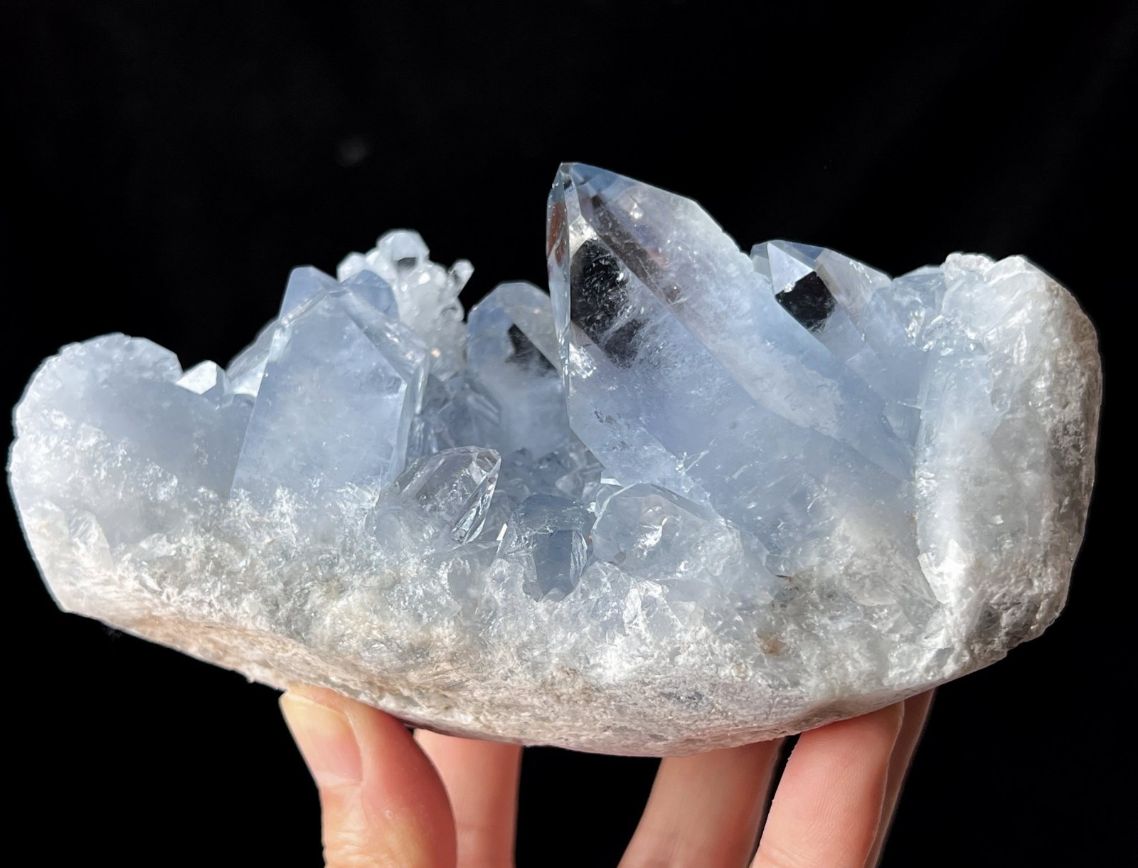 130mm 1076g Water clear Bright blue Celestine cluster mined from Madagascar