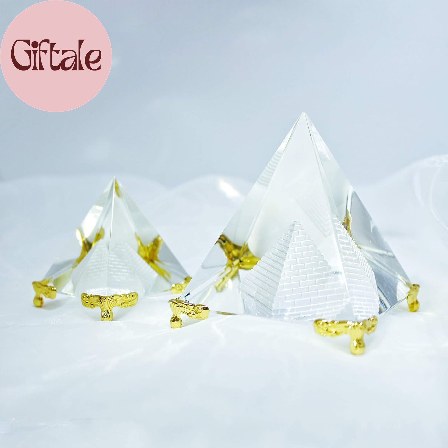 Crystal Pyramid Prism, Feng Shui Crafts Meditation Crystal with Gold Stand for H
