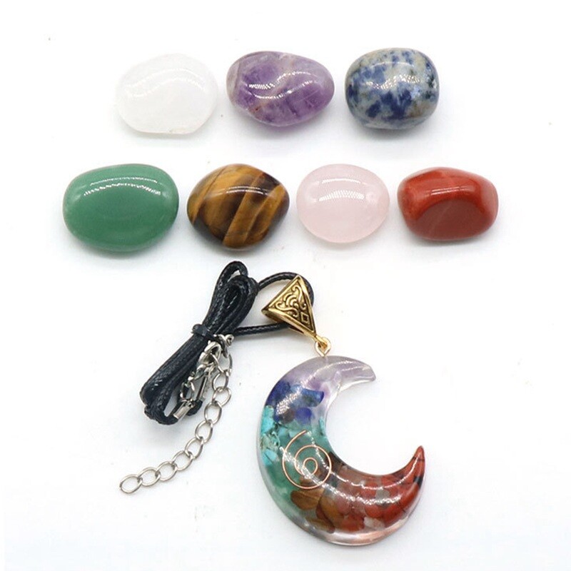 Natural 7 Chakra Quartz Colorful Crystal Gem Moon Pendant Healing Resin Decor
