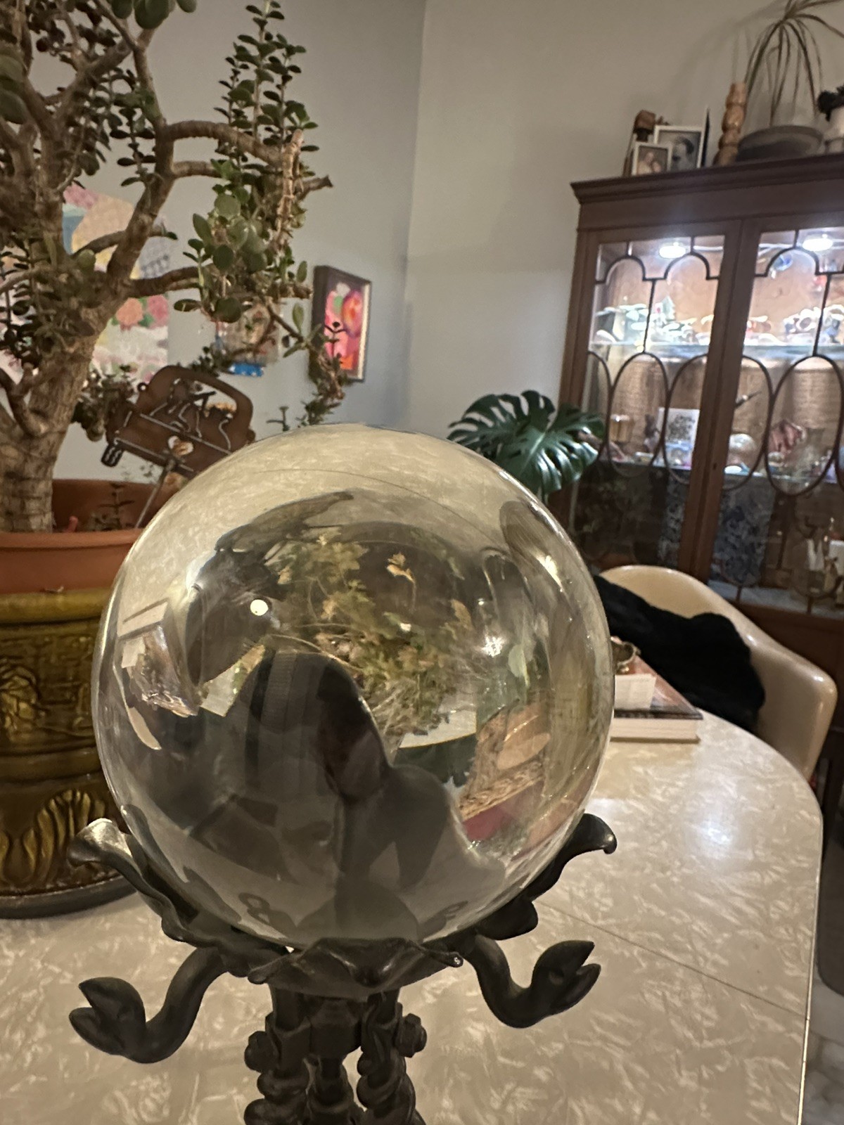 Large Victorian / Art Nouveau Crystal Ball Clear Sphere & Iron Snake Stand