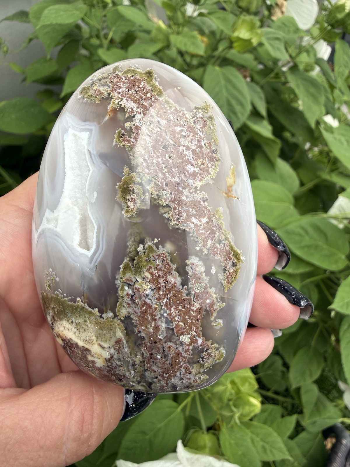 Natural Scenic Moss Agate Freeform Druzy Crystal Indonesia Polished Stone